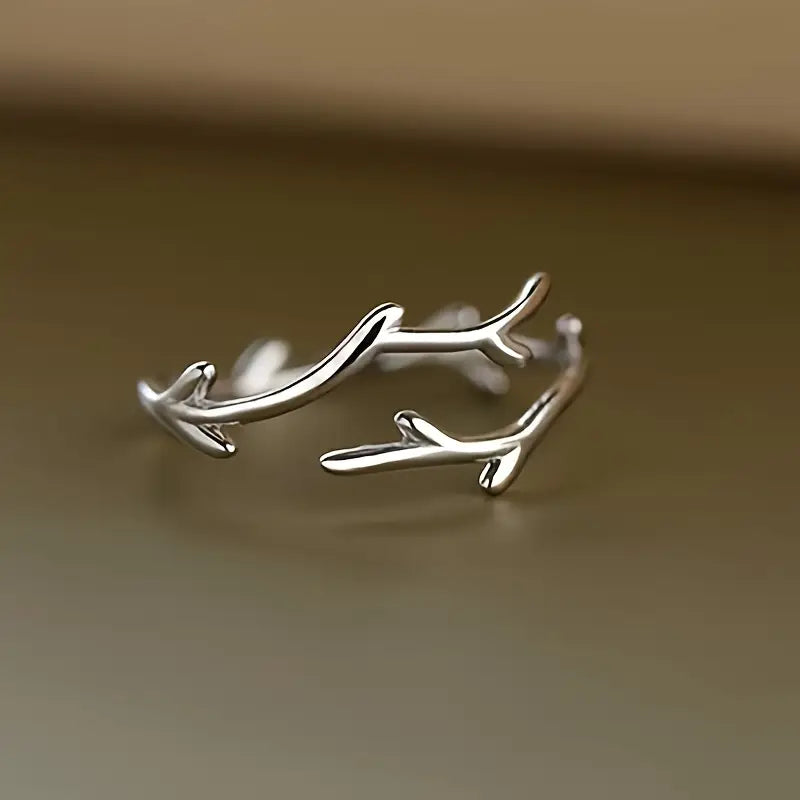 Adjustable Open Ring with Deer Antler & Heart Motif