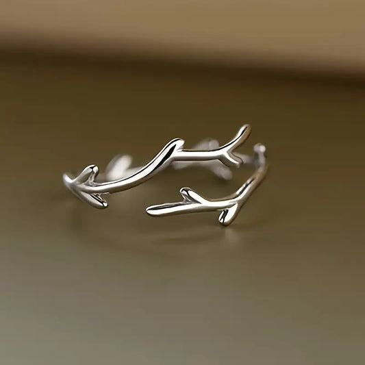 Adjustable Open Ring with Deer Antler &amp; Heart Motif