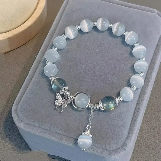Elegant Butterfly Charm Beaded Bracelet with Cat'S Eye Stones